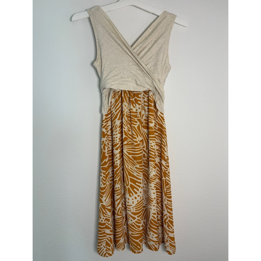 Amadi Womens Small Mixed‎ Media Surplice Midi Dress Mustard Yellow Tropical Palm